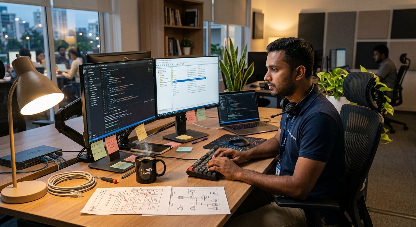 Thamira at his workbench working on a client's computer, Noble Geeks Brisbane